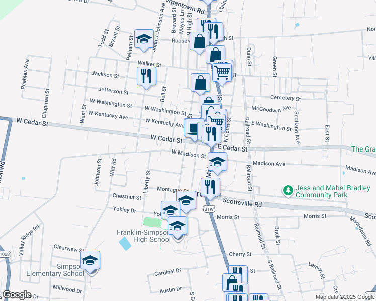 map of restaurants, bars, coffee shops, grocery stores, and more near 202 West Madison Street in Franklin