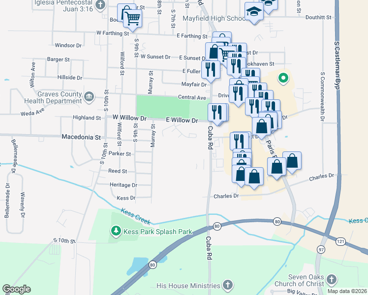 map of restaurants, bars, coffee shops, grocery stores, and more near 1453 Adams Circle in Mayfield