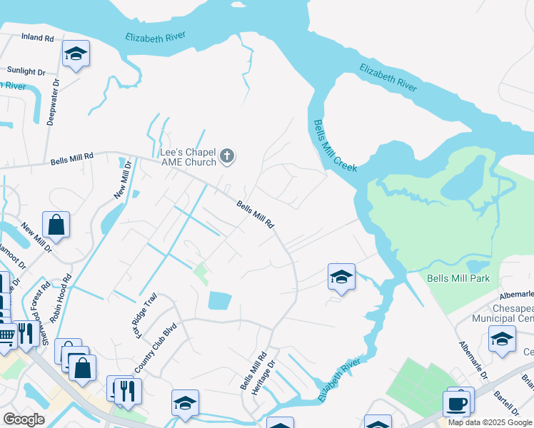 map of restaurants, bars, coffee shops, grocery stores, and more near 980 Bells Mill Road in Chesapeake