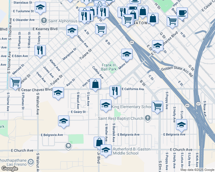 map of restaurants, bars, coffee shops, grocery stores, and more near 750 Mono Street in Fresno