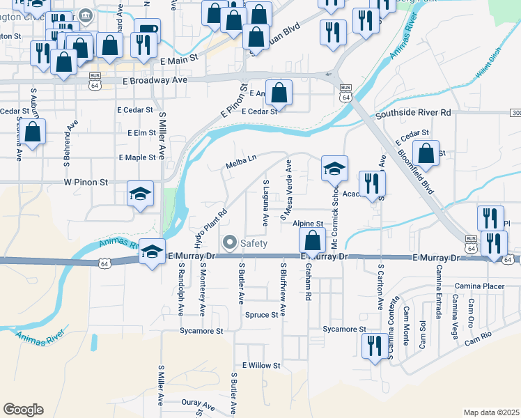 map of restaurants, bars, coffee shops, grocery stores, and more near 717 South Laguna Avenue in Farmington