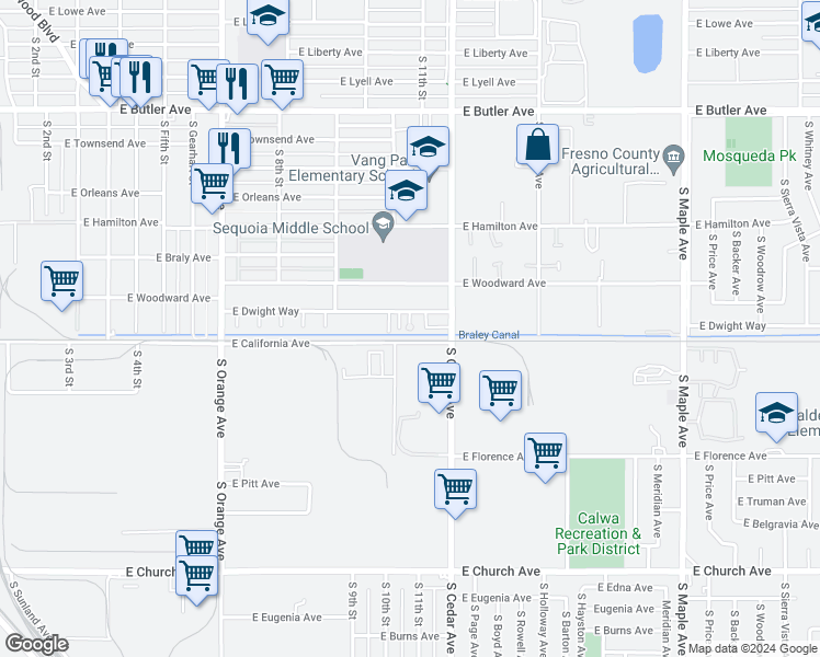 map of restaurants, bars, coffee shops, grocery stores, and more near 4054 East Dwight Way in Fresno