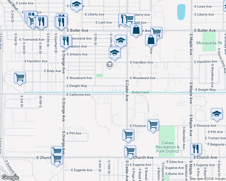 map of restaurants, bars, coffee shops, grocery stores, and more near 4054 East Dwight Way in Fresno