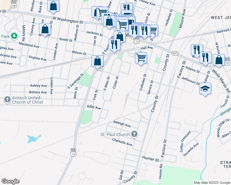 map of restaurants, bars, coffee shops, grocery stores, and more near 326 Cedar Street in Suffolk