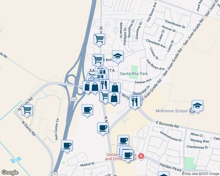 map of restaurants, bars, coffee shops, grocery stores, and more near 2073 Santa Rita Street in Salinas