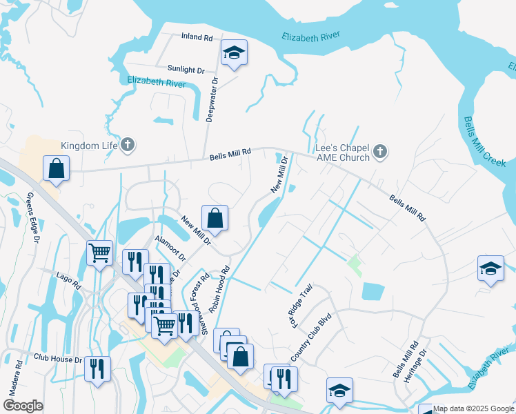 map of restaurants, bars, coffee shops, grocery stores, and more near 1000 New Mill Drive in Chesapeake