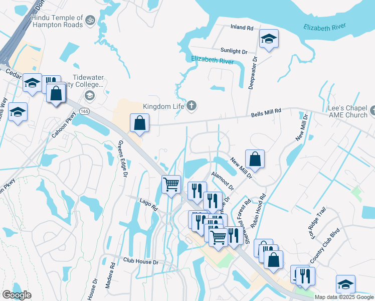 map of restaurants, bars, coffee shops, grocery stores, and more near 1320 New Mill Drive in Chesapeake