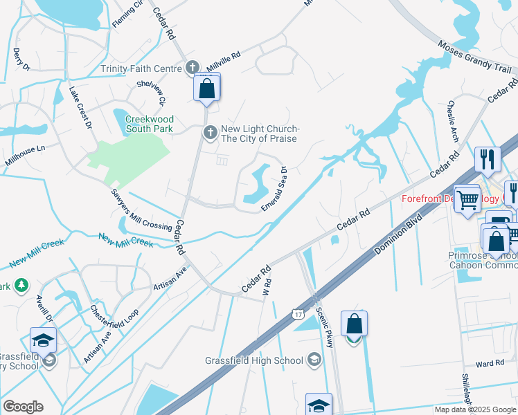 map of restaurants, bars, coffee shops, grocery stores, and more near 1724 Emerald Sea Drive in Chesapeake
