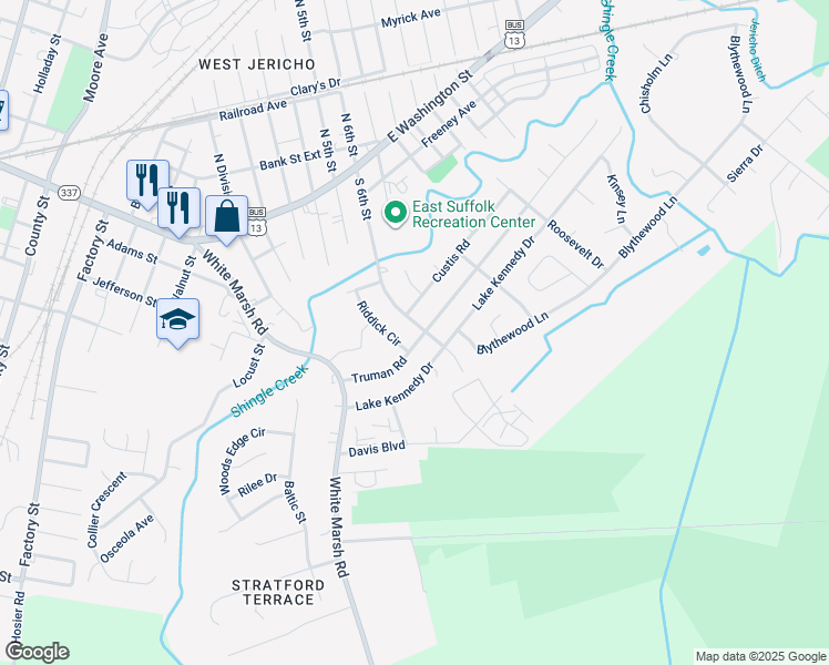 map of restaurants, bars, coffee shops, grocery stores, and more near 505 South 6th Street in Suffolk