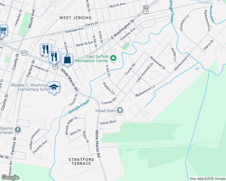 map of restaurants, bars, coffee shops, grocery stores, and more near 505 Riddick Circle in Suffolk