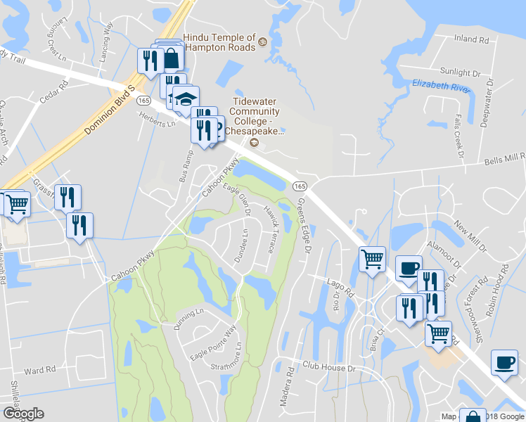map of restaurants, bars, coffee shops, grocery stores, and more near 1521 Hawick Terrace in Chesapeake