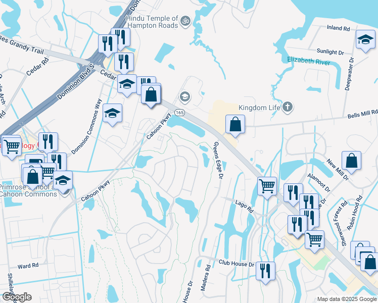map of restaurants, bars, coffee shops, grocery stores, and more near 1521 Hawick Terrace in Chesapeake
