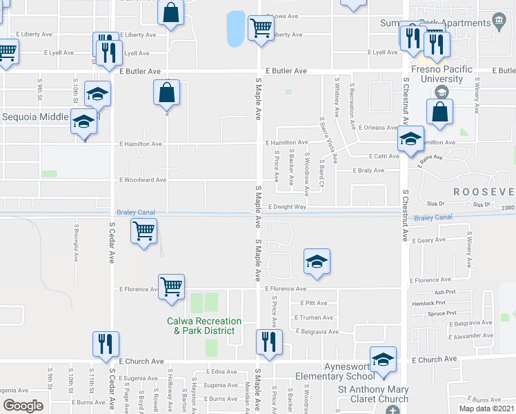 map of restaurants, bars, coffee shops, grocery stores, and more near East Dwight Way in Fresno