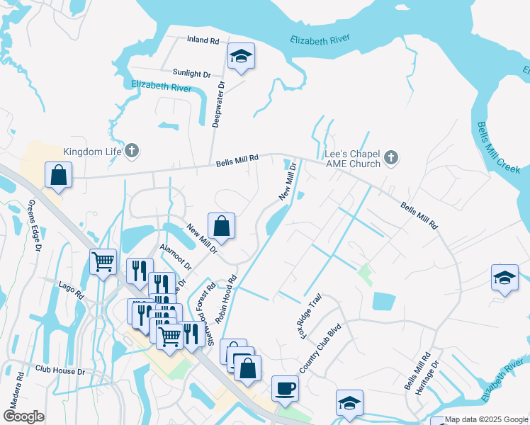 map of restaurants, bars, coffee shops, grocery stores, and more near 1000 New Mill Drive in Chesapeake