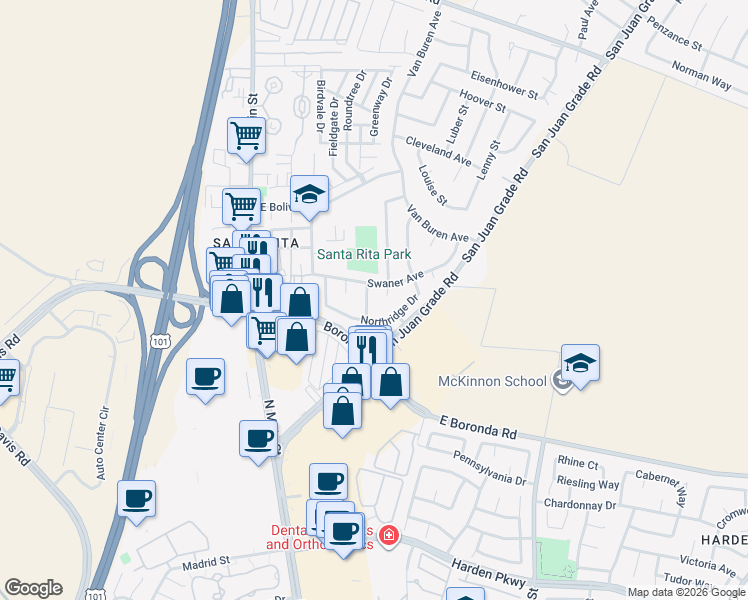 map of restaurants, bars, coffee shops, grocery stores, and more near 18499 Northridge Drive in Salinas