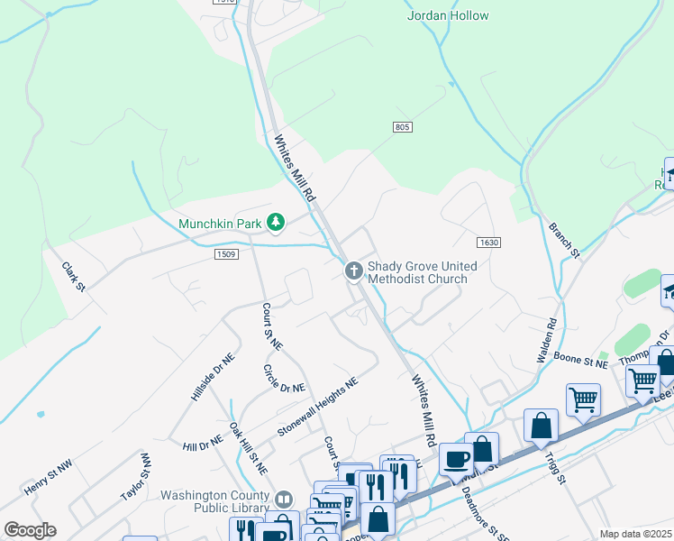 map of restaurants, bars, coffee shops, grocery stores, and more near 329 Whites Mill Road in Abingdon