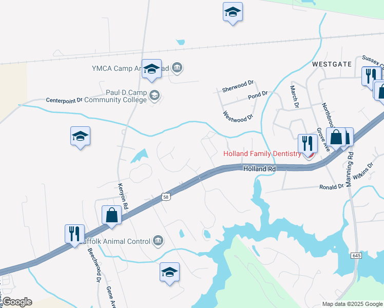 map of restaurants, bars, coffee shops, grocery stores, and more near 1800 Mountainside Avenue in Suffolk