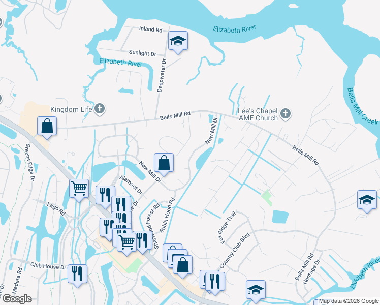 map of restaurants, bars, coffee shops, grocery stores, and more near 1001 New Mill Drive in Chesapeake