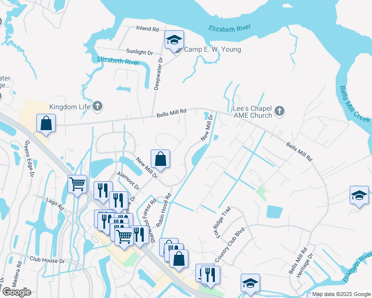 map of restaurants, bars, coffee shops, grocery stores, and more near 1001 New Mill Drive in Chesapeake