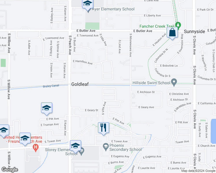 map of restaurants, bars, coffee shops, grocery stores, and more near 5335 East Atchison Street in Fresno