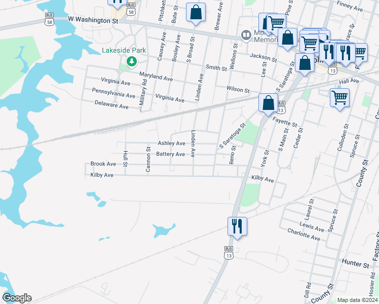 map of restaurants, bars, coffee shops, grocery stores, and more near 602 Battery Avenue in Suffolk