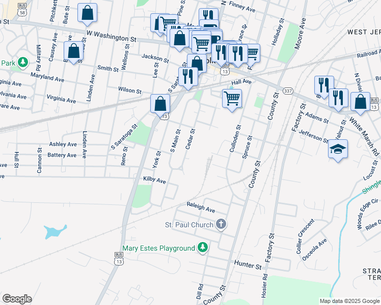 map of restaurants, bars, coffee shops, grocery stores, and more near 322 Cedar Street in Suffolk