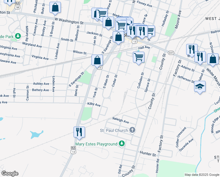 map of restaurants, bars, coffee shops, grocery stores, and more near 333 Cedar Street in Suffolk