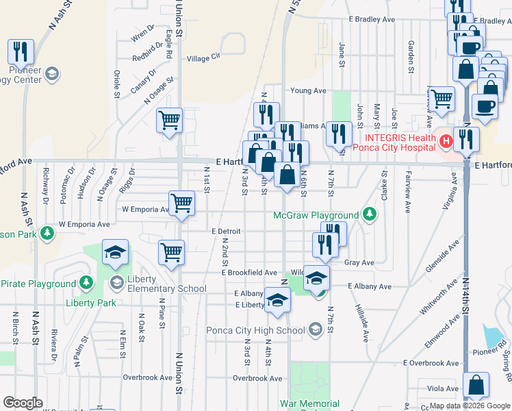 map of restaurants, bars, coffee shops, grocery stores, and more near 1520 North 4th Street in Ponca City