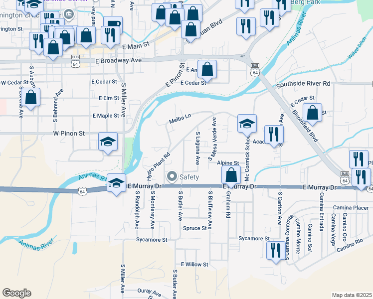 map of restaurants, bars, coffee shops, grocery stores, and more near 716 South Butler Avenue in Farmington