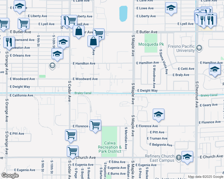 map of restaurants, bars, coffee shops, grocery stores, and more near 2075 South Hayston Avenue in Fresno