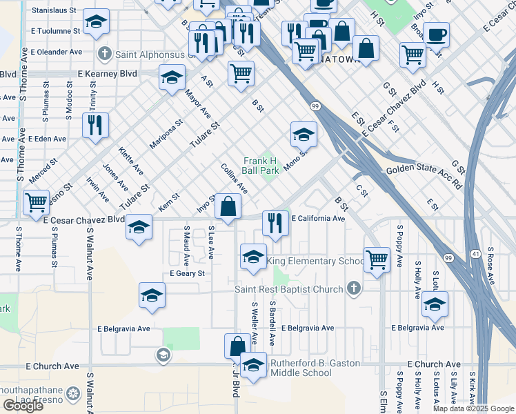 map of restaurants, bars, coffee shops, grocery stores, and more near 1005 East Atchison Street in Fresno