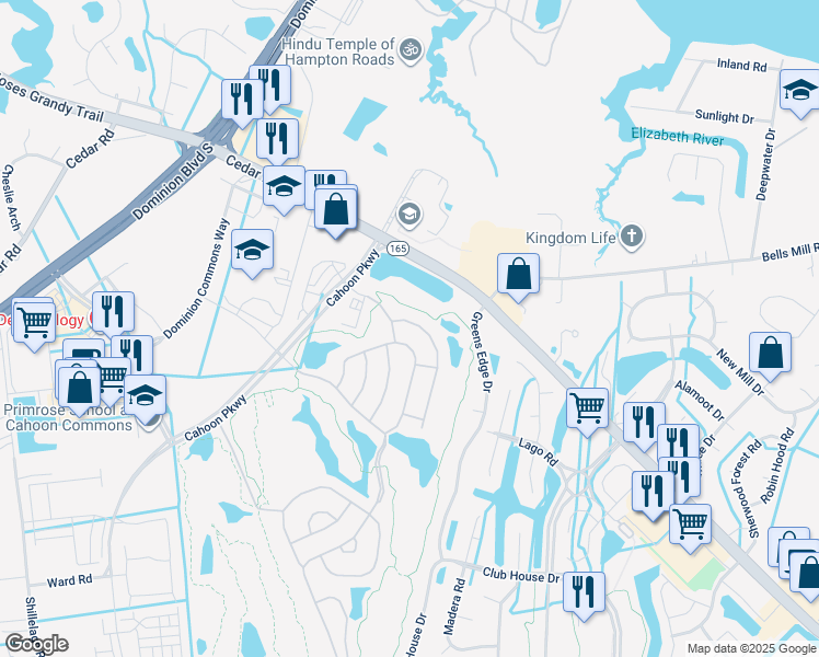 map of restaurants, bars, coffee shops, grocery stores, and more near 1527 Hawick Terrace in Chesapeake