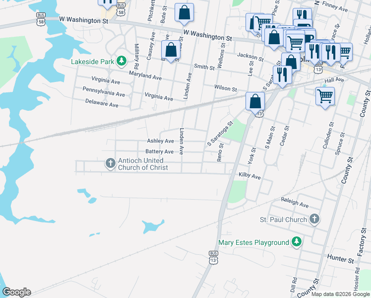 map of restaurants, bars, coffee shops, grocery stores, and more near 523 Battery Avenue in Suffolk