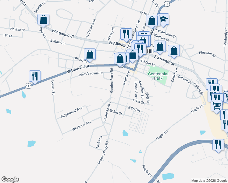 map of restaurants, bars, coffee shops, grocery stores, and more near 606 Goodes Ferry Road in South Hill