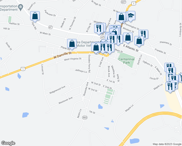map of restaurants, bars, coffee shops, grocery stores, and more near 601 Goodes Ferry Road in South Hill