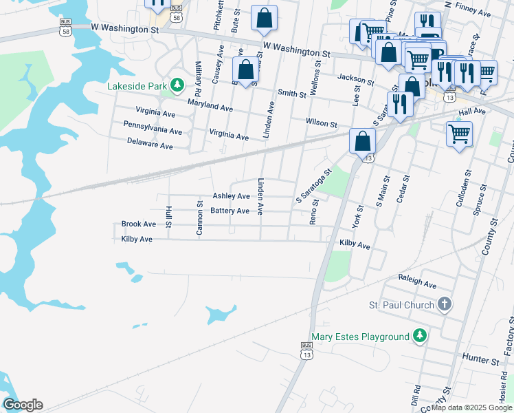 map of restaurants, bars, coffee shops, grocery stores, and more near 602 Battery Avenue in Suffolk