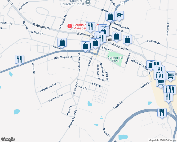 map of restaurants, bars, coffee shops, grocery stores, and more near 501 South Hill Avenue in South Hill