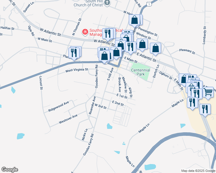 map of restaurants, bars, coffee shops, grocery stores, and more near 501 South Hill Avenue in South Hill