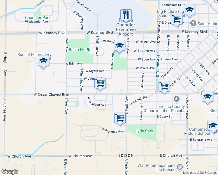 map of restaurants, bars, coffee shops, grocery stores, and more near 706 West California Avenue in Fresno