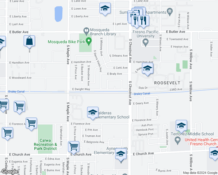 map of restaurants, bars, coffee shops, grocery stores, and more near 2055 South Whitney Avenue in Fresno