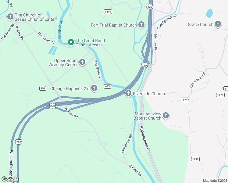 map of restaurants, bars, coffee shops, grocery stores, and more near US Highway 220 in Fieldale