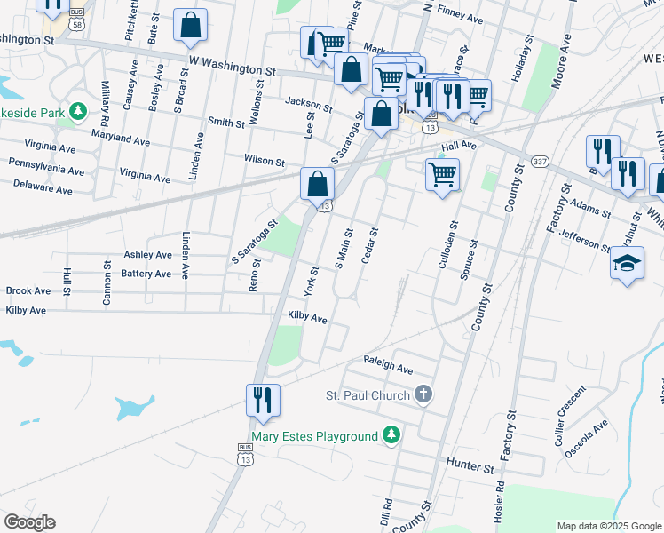 map of restaurants, bars, coffee shops, grocery stores, and more near 406 York Street in Suffolk