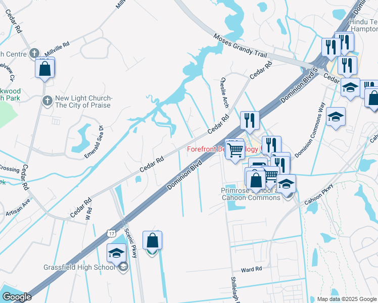 map of restaurants, bars, coffee shops, grocery stores, and more near 603 Santiago Court in Chesapeake