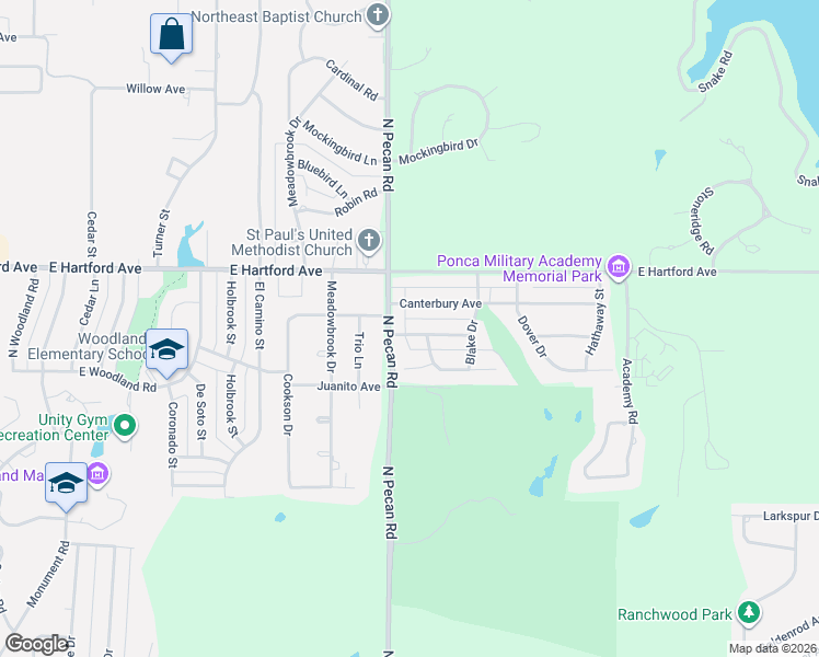 map of restaurants, bars, coffee shops, grocery stores, and more near 2608 Larchmont Avenue in Ponca City
