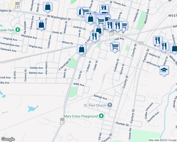 map of restaurants, bars, coffee shops, grocery stores, and more near 326 South Main Street in Suffolk