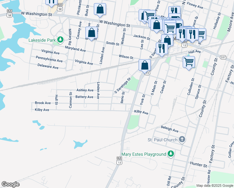 map of restaurants, bars, coffee shops, grocery stores, and more near 418 South Saratoga Street in Suffolk