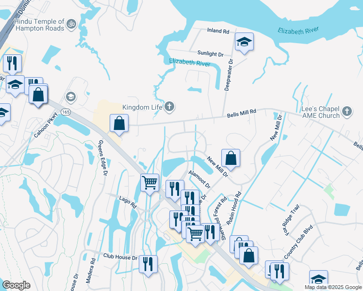 map of restaurants, bars, coffee shops, grocery stores, and more near 106 Las Gaviotas Landing in Chesapeake