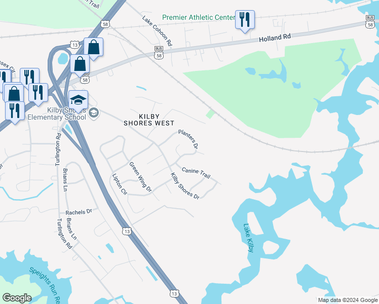 map of restaurants, bars, coffee shops, grocery stores, and more near 1318 Planters Drive in Suffolk