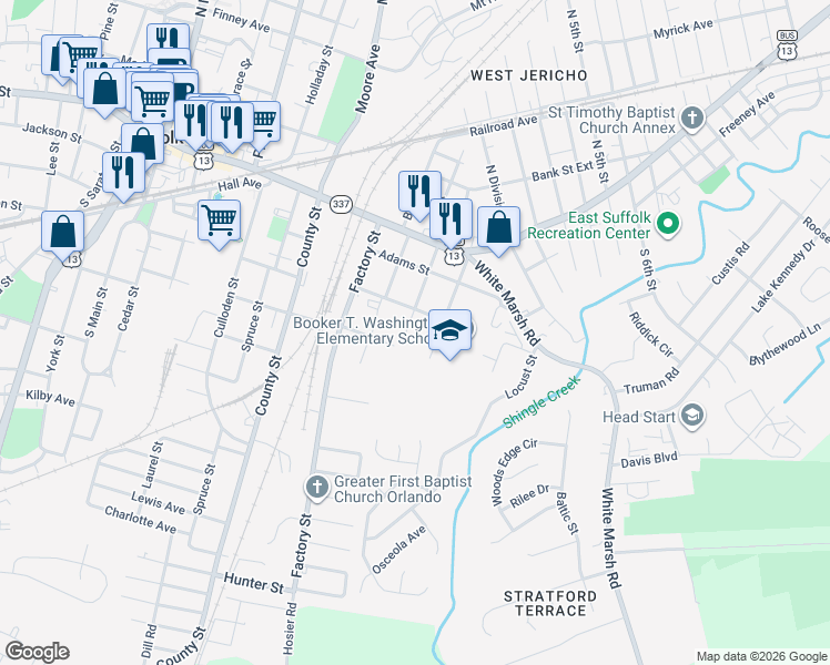 map of restaurants, bars, coffee shops, grocery stores, and more near 213 Walnut Street in Suffolk