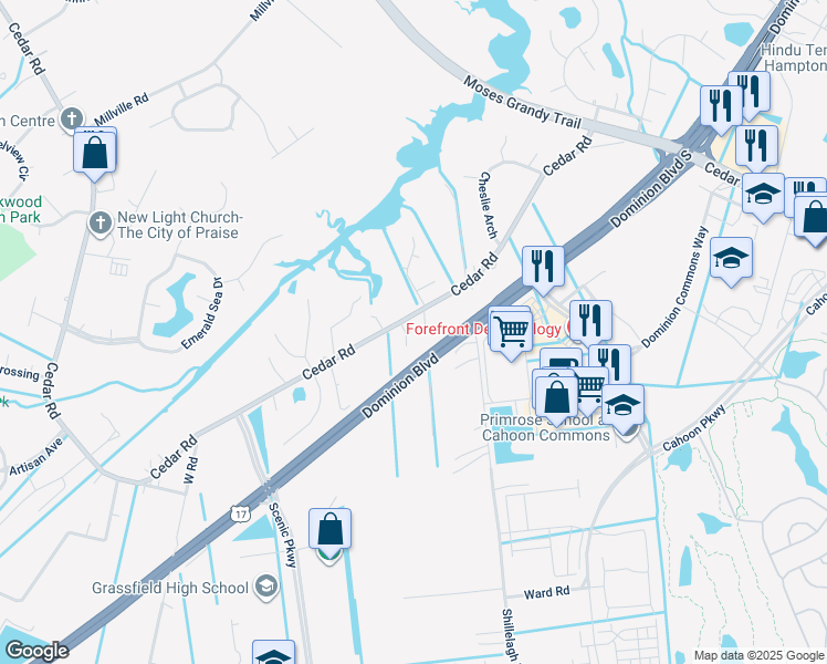 map of restaurants, bars, coffee shops, grocery stores, and more near 603 Santiago Court in Chesapeake